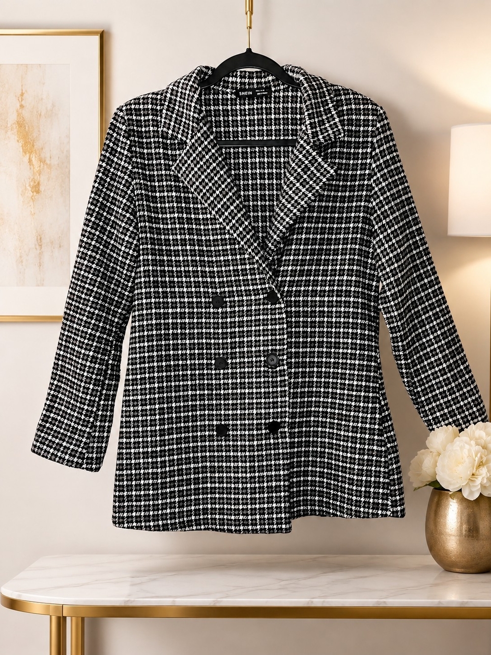 SHEIN Black & White Houndstooth Double Breasted Tweeded Blazer Jacket Size M